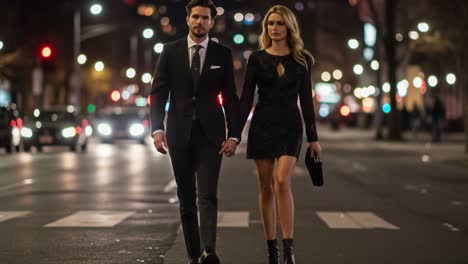 elegant couple walking hand-in-hand at night on a city street, illuminated by traffic lights and cityscape, capturing a moment of connection and style