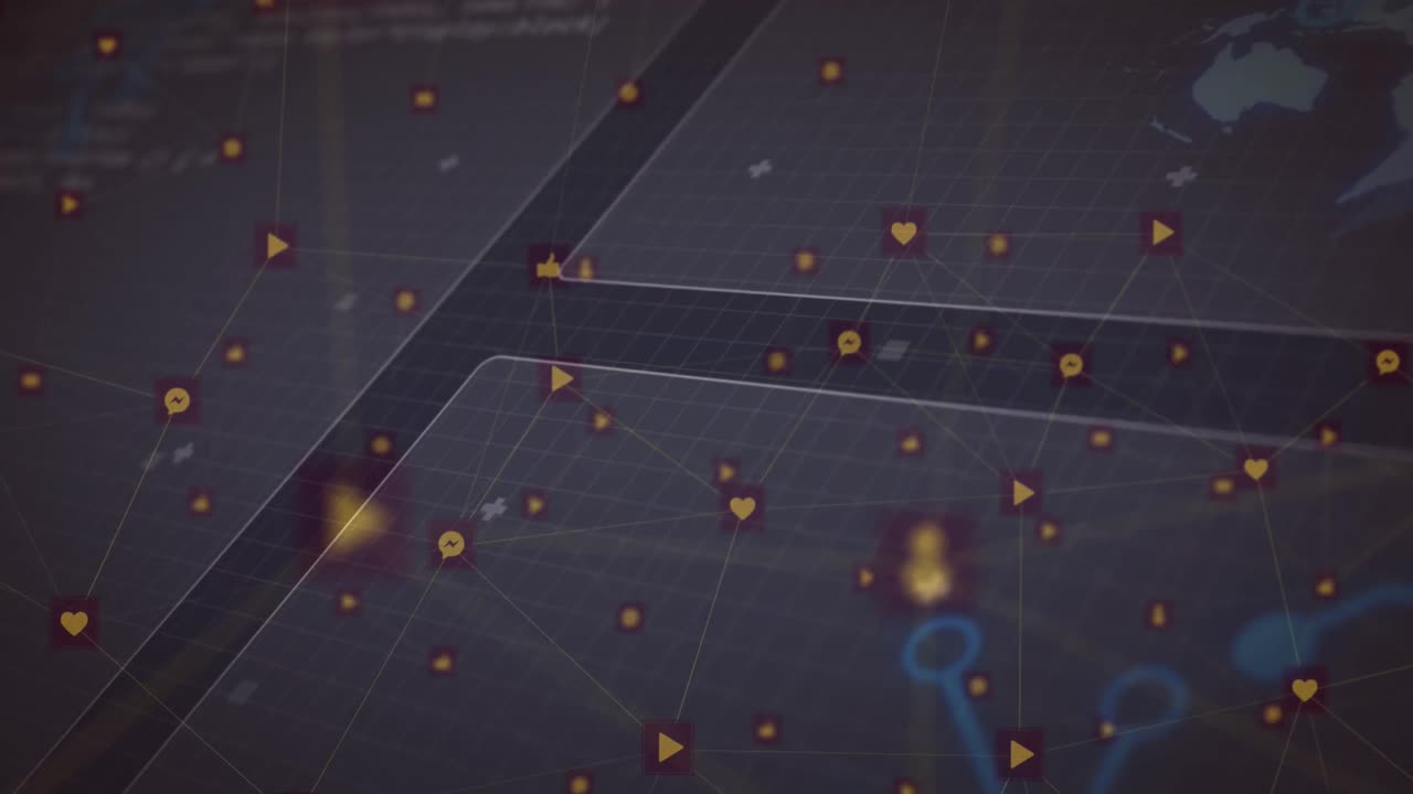 Animation of network of connections over globe spinning and data processing on screens