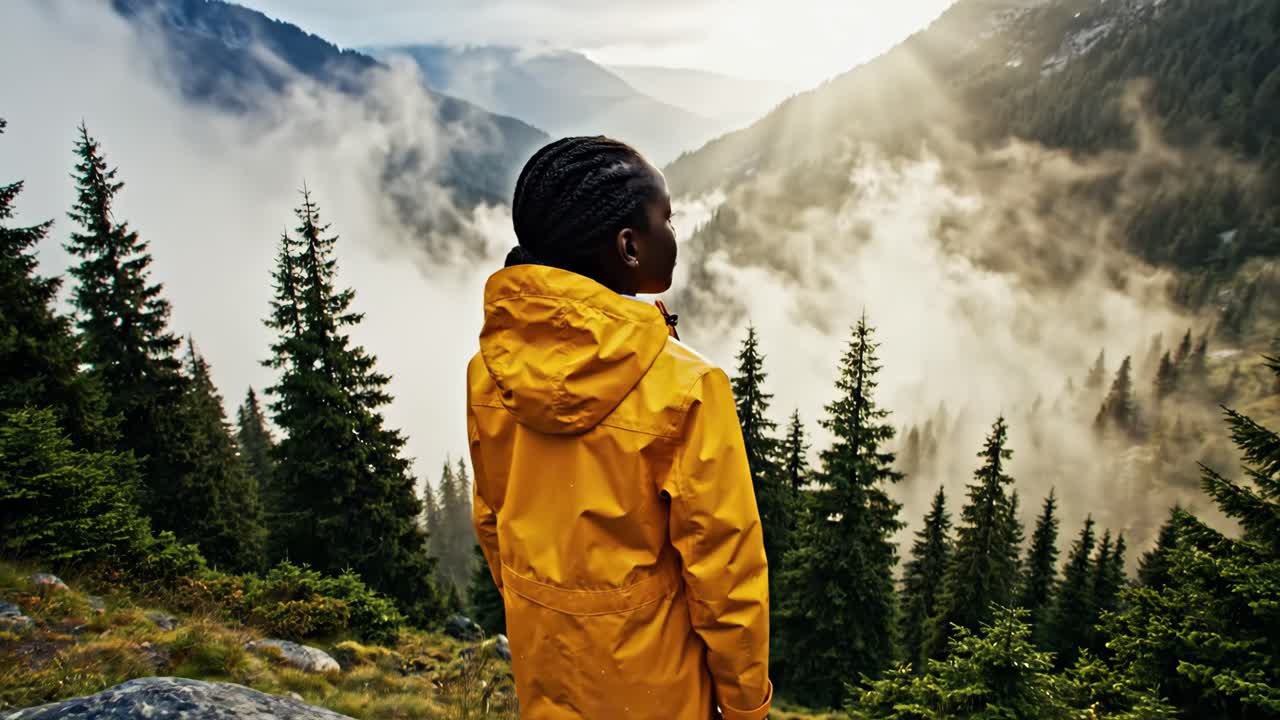 Woman in yellow raincoat overlooking mountains and fog