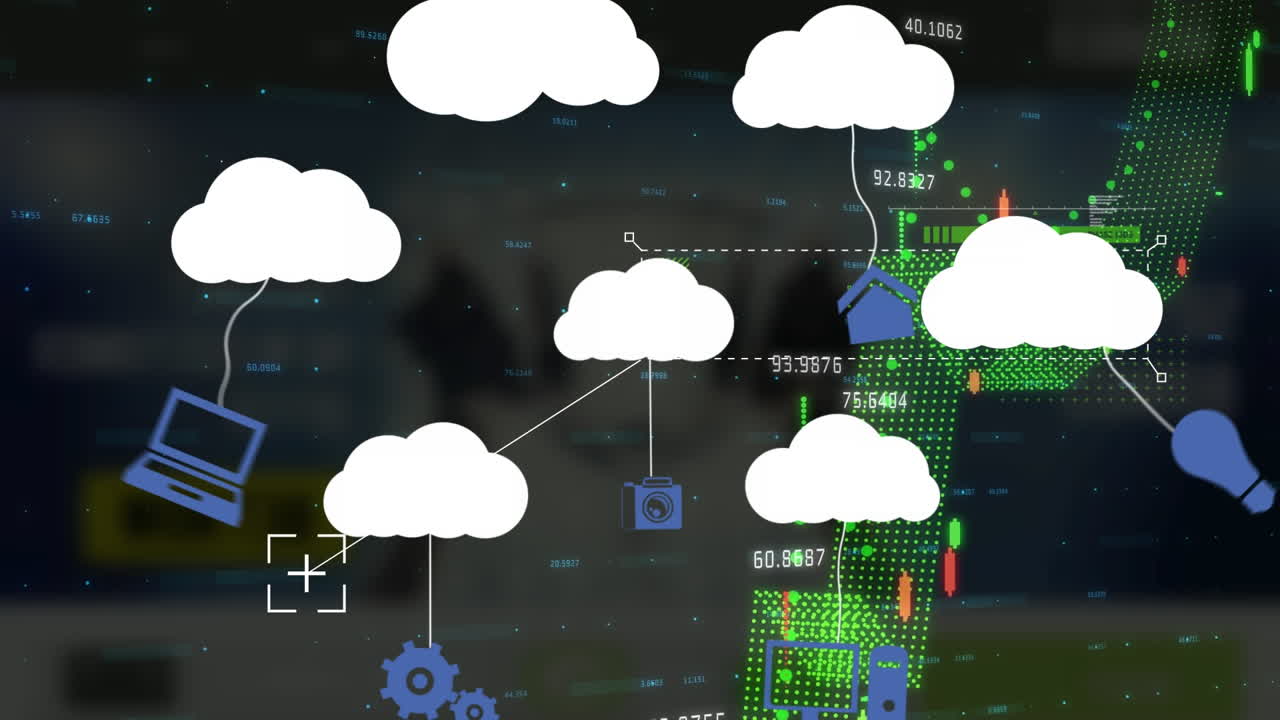 animación del icono de las nubes sobre la interfaz digital y el procesamiento de datos