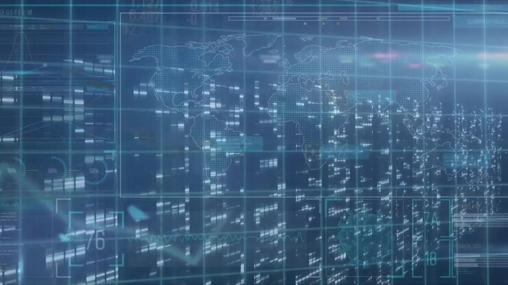 Animation of lights and data processing on blue background