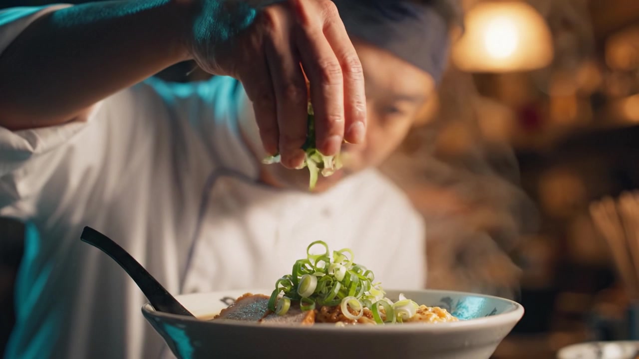 A Chef Skillfully Garnishing a Delicious Bowl of Noodles with Fresh Green Onions in a Warm and Inviting Kitchen Atmosphere Filled with Culinary Aroma