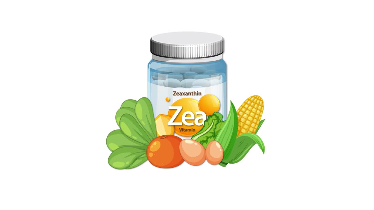 Supplement bottle animates as vegetables and corn appear, clean white background, smooth transitions, flat style