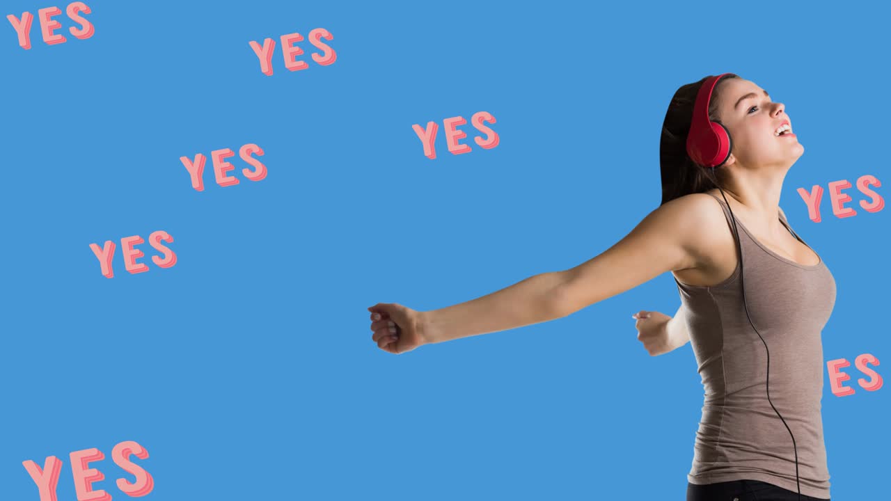 파란색에 있는 여러 개의 예 텍스트에 대한 여학생의 애니메이션