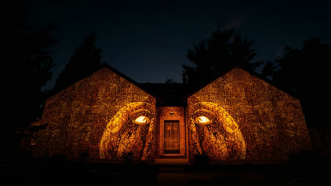 Activating light projector illuminating house facade at night, revealing glowing ornate eyes