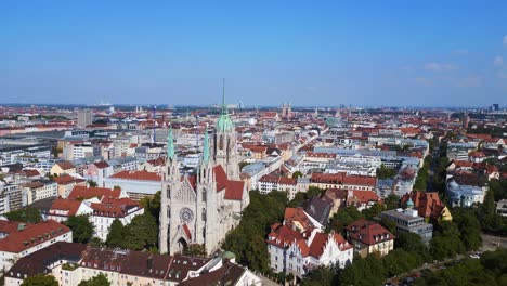 beautiful aerial top view flight munich city paul church at theresienwiesen, germany bavarian town at sunny clear sky day 2023