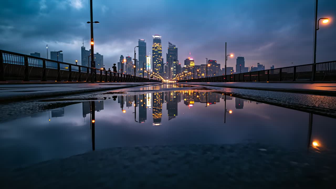 Reflecting puddle calming as ripples fade on bridge to skyline at dusk, people in jackets passing