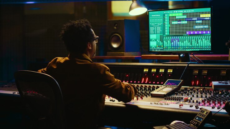 African american sound designer operates control desk mixer and audio software