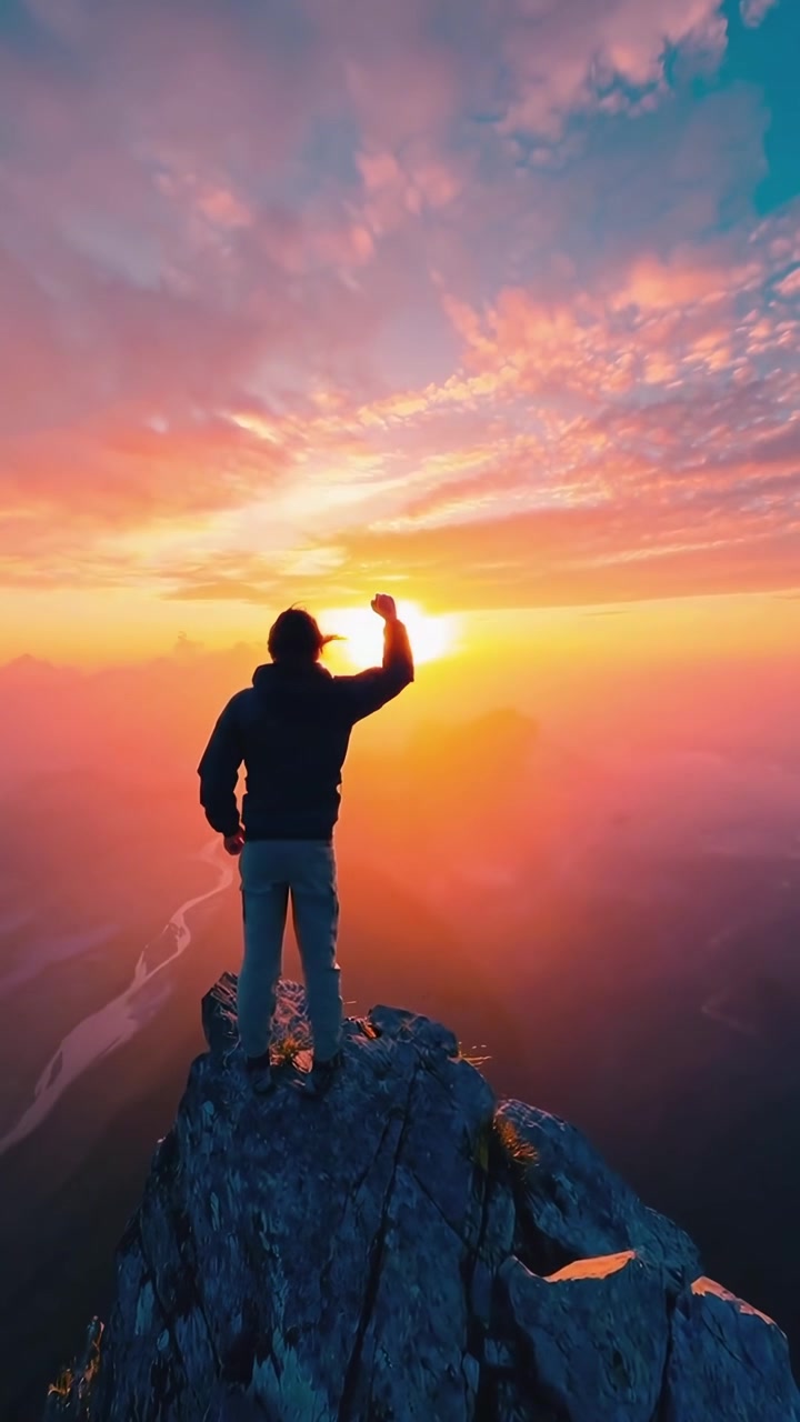 Un escursionista in piedi sulla vetta della montagna al tramonto