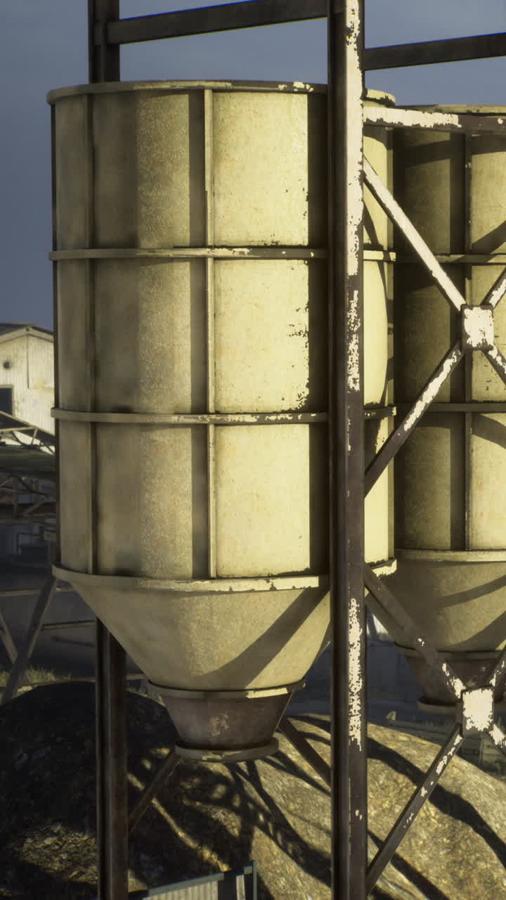 Silo industrial imponente ao lado de um canteiro de obras no fim da tarde.