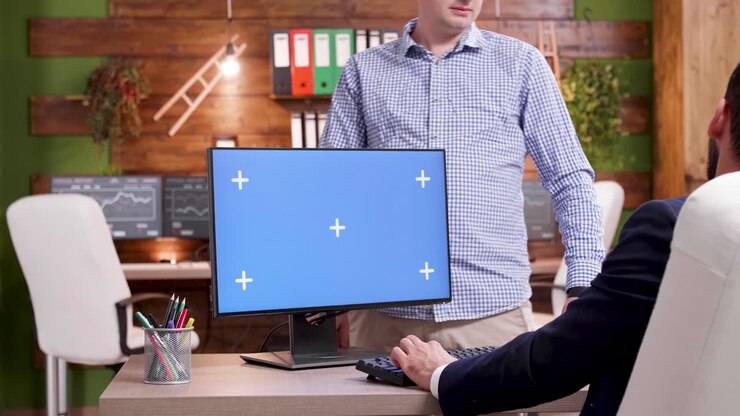 Area di lavoro in ufficio con schermo del computer in Chroma Key