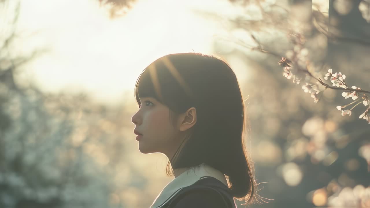 Student in school uniform standing with back turned, silently admiring cherry blossoms during golden sunset, embodying serene moment of youthful contemplation and nostalgic beauty