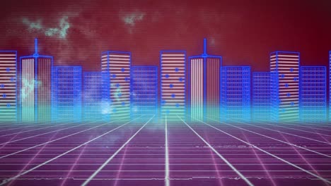 Animation-of-colorful-digital-cityscape-over-moving-colorful-grid-and-clouds