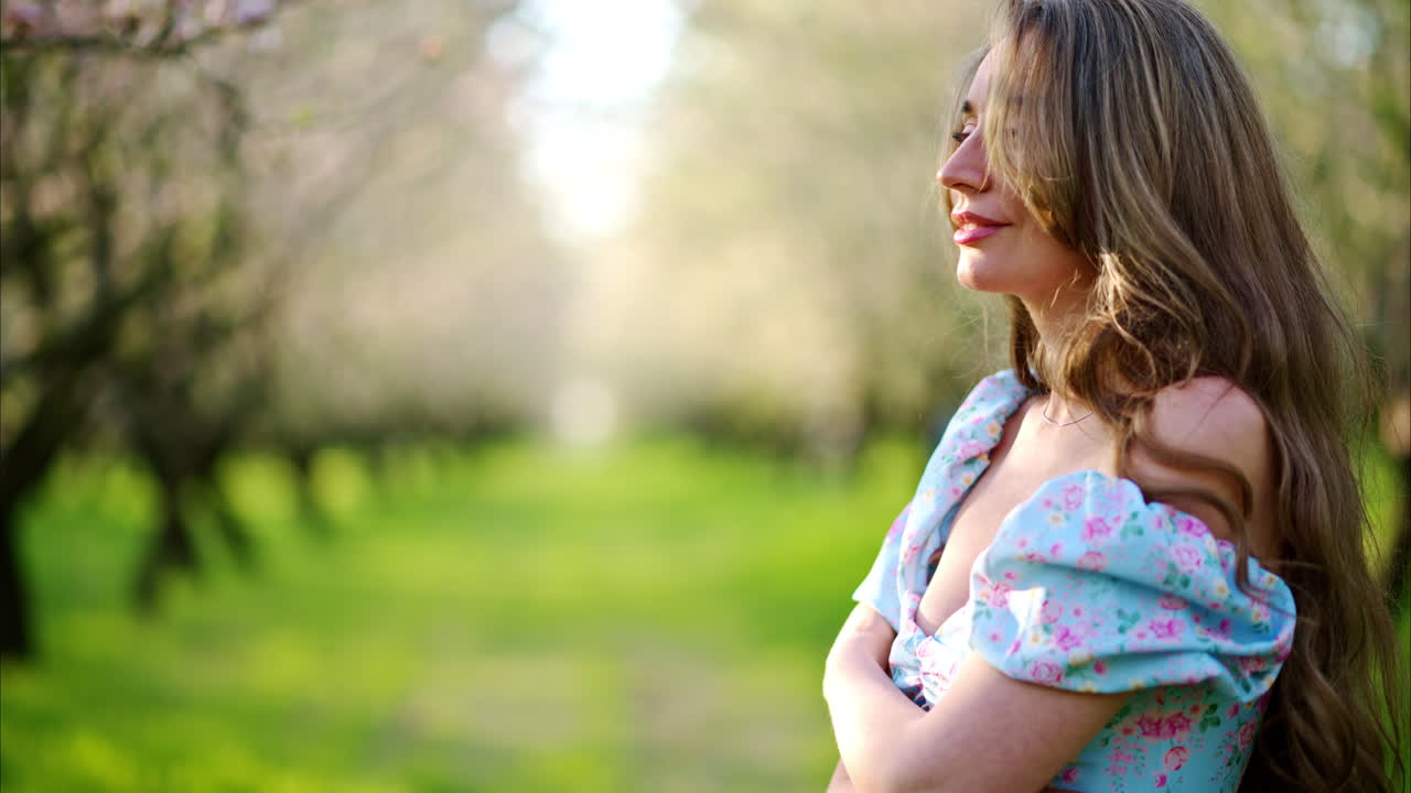 Brunette woman in a blue dress in a field of blooming almond trees