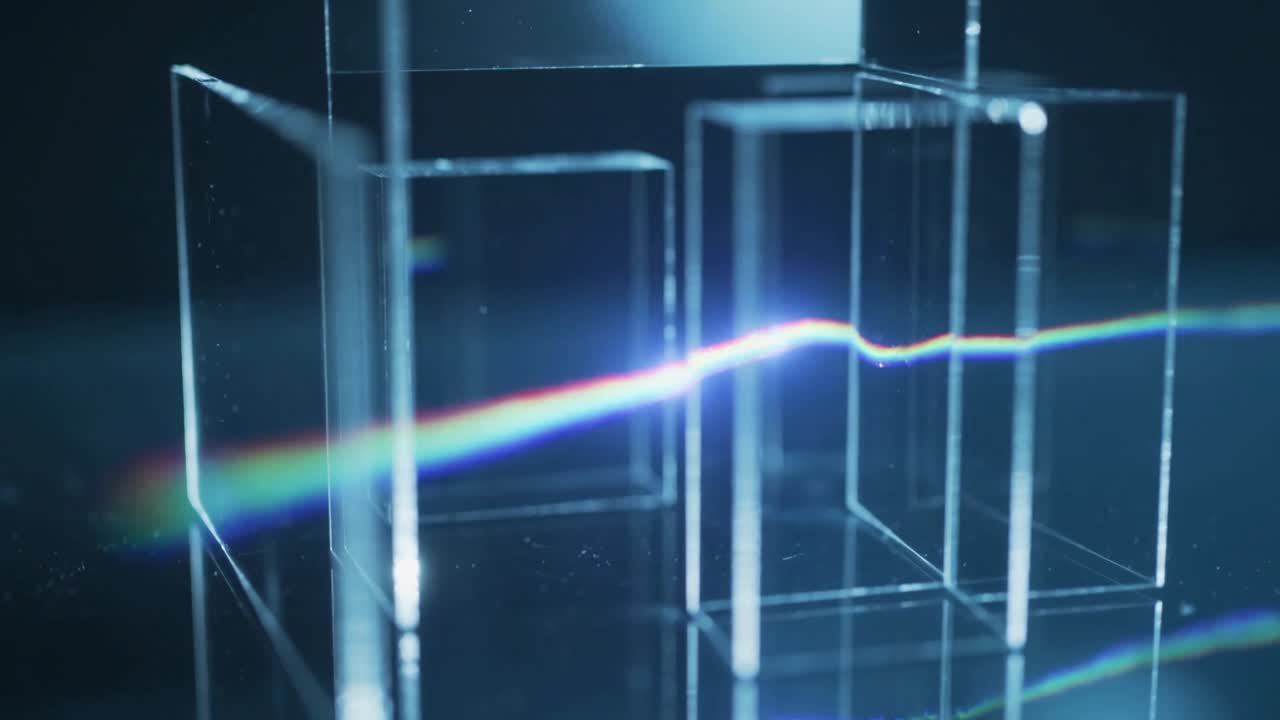 Bending prisms guiding beam from right into rainbow across studio base showing spectrum