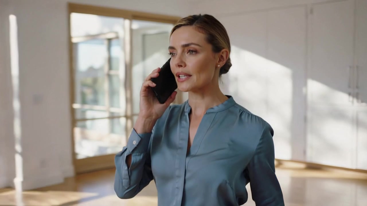 Answering call, woman wearing teal blouse walking through sunlit living room, holding phone