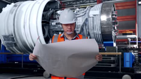 asian male engineer with safety helmet looking at blueprint in his hands and looking around while standing with airplane engine maintenance conducted, analytics checking the turbine