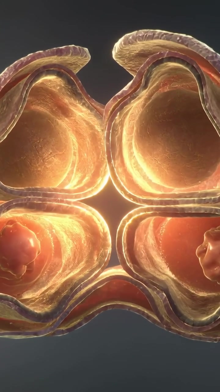 Video verticale: Baccello che si rompe e si apre su uno sfondo grigio scuro, rivelando quattro nuclei incandescenti.