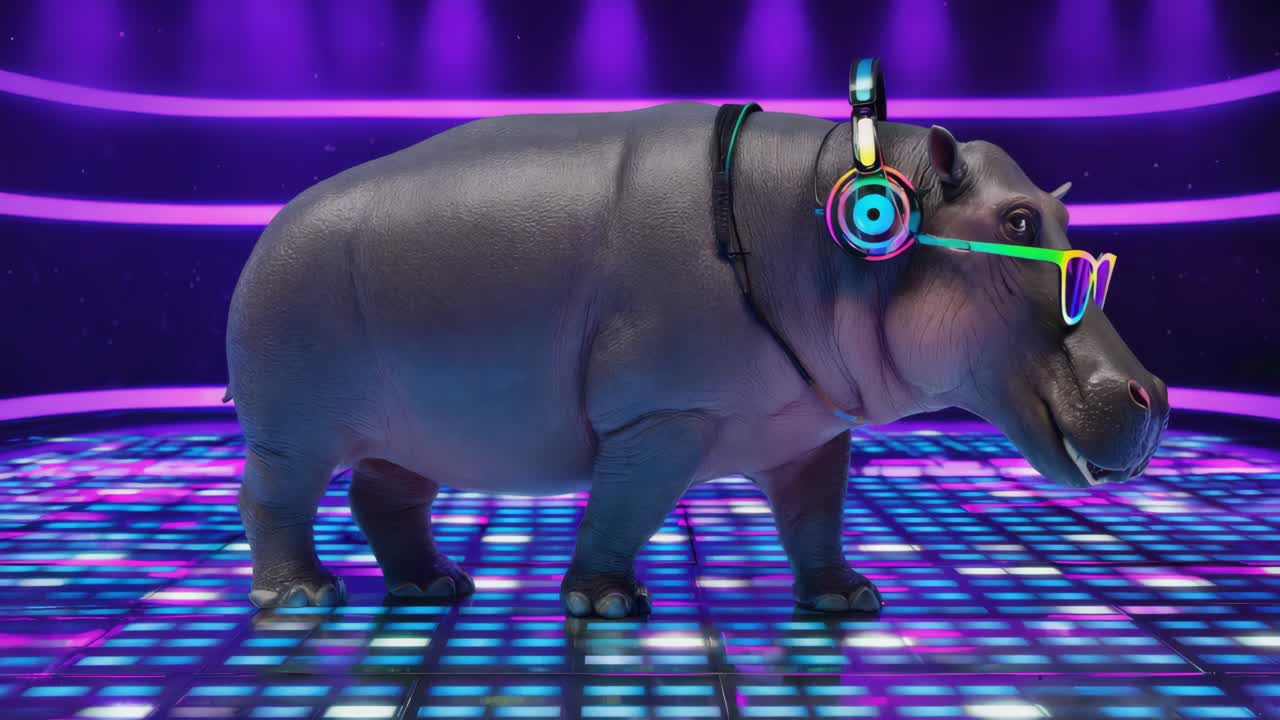 Cool Hippo Grooving at a Neon Disco