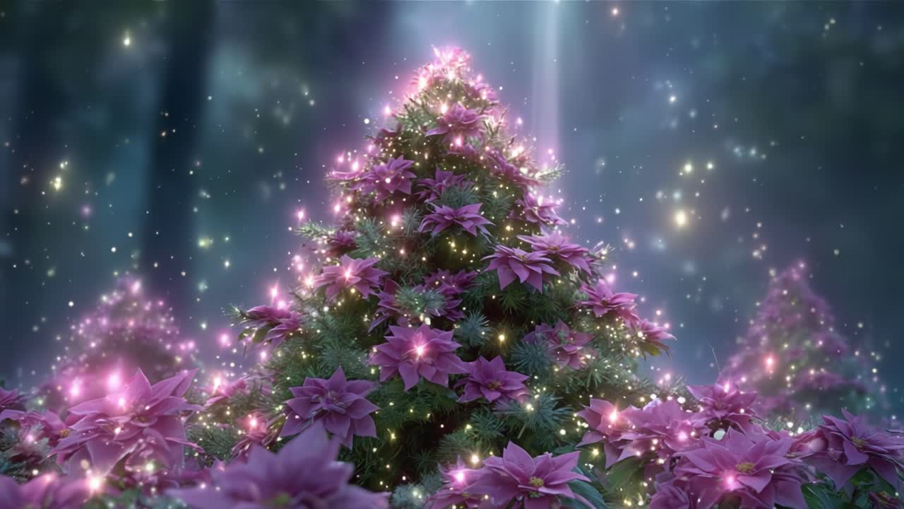 A Majestic Display of a Magical Christmas Tree Adorned with Vibrant Pink Flowers and Glowing Sparkles Illuminating a Mystical Forest Setting