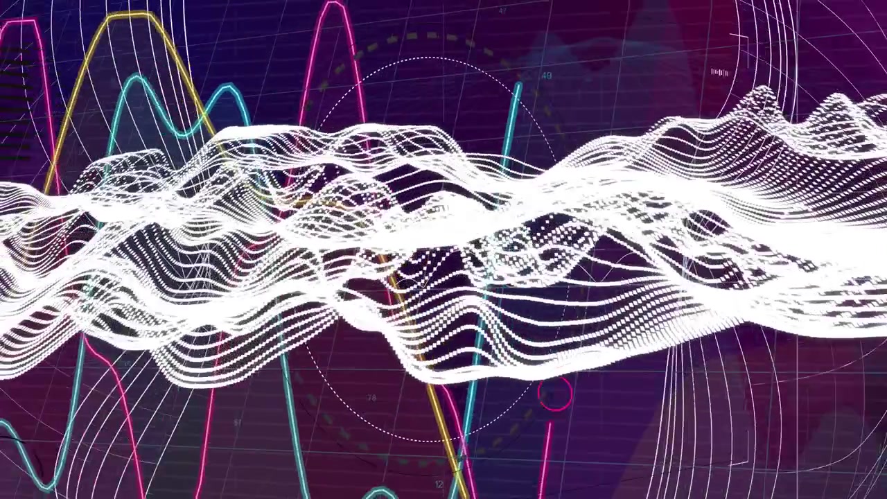 Beim Abspielen teilt sich eine weiße Wellenform, verdickt sich und wellt sich, während farbige Spuren aufsteigen und den Datenfluss darstellen.