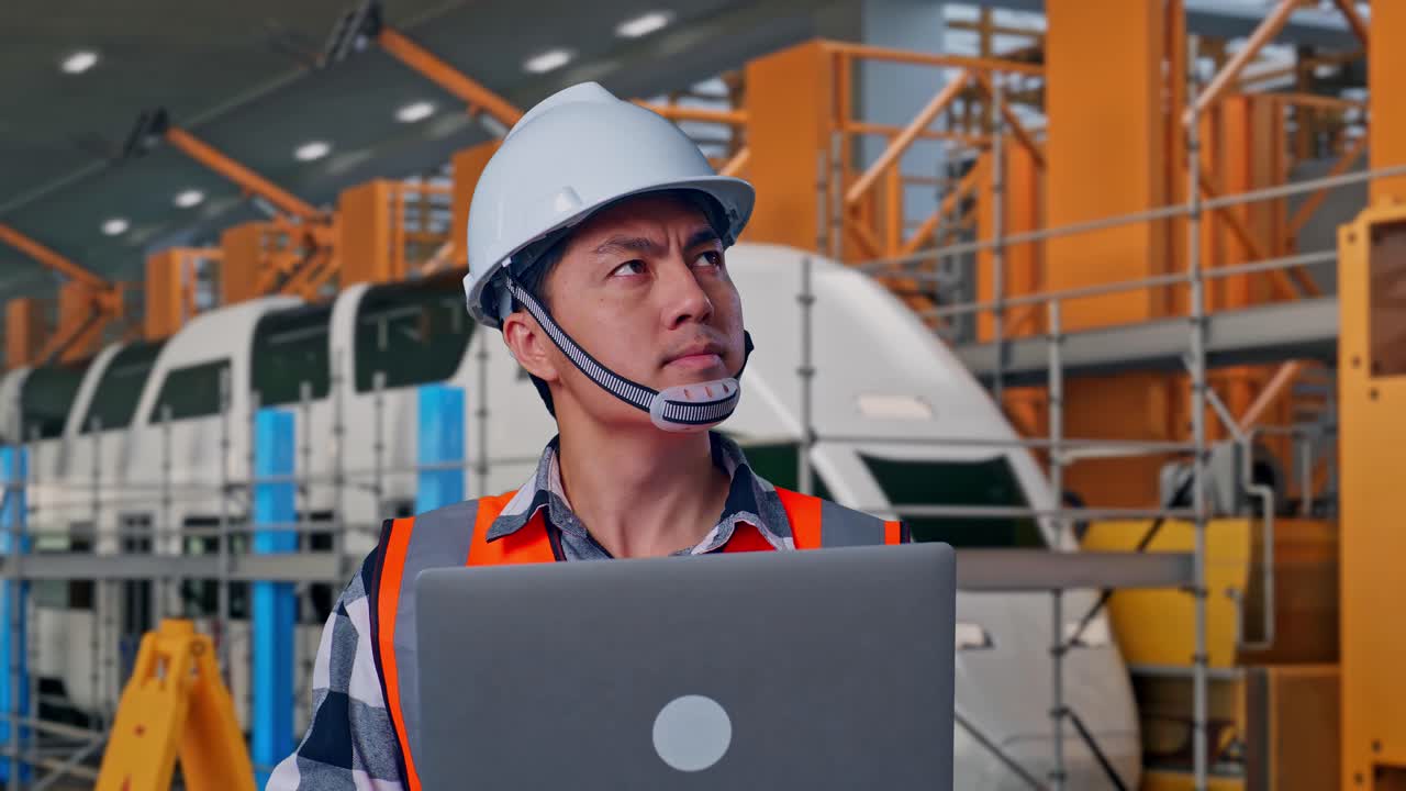 Primer plano de un ingeniero asiático con casco de seguridad trabajando en un portátil y mirando a su alrededor mientras está de pie. Ingenieros de mantenimiento de trenes en un depósito.