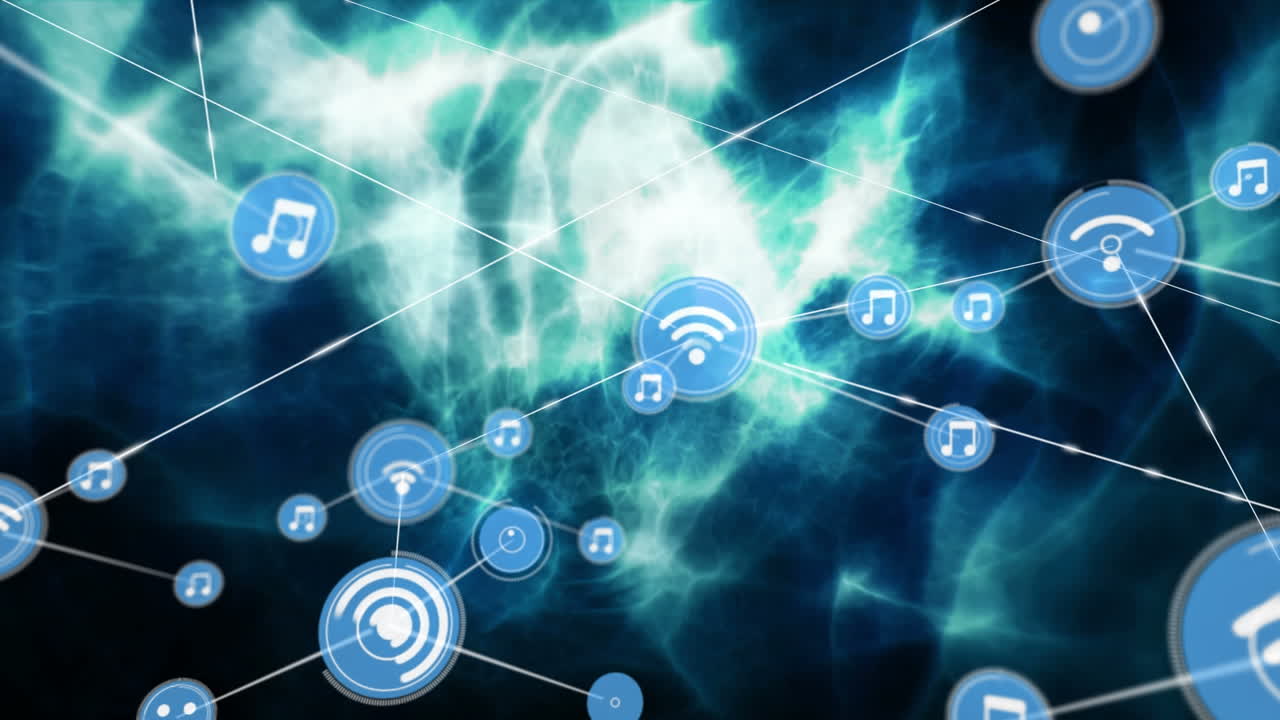 animación de la red, iconos de música que conectan puntos en el patrón de neón abstracto en la interfaz digital
