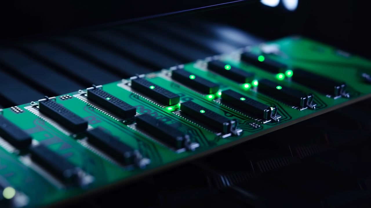 Diagonal close view of green printed circuit board populated with black integrated circuit packages seated in sockets, metal retention hardware, fine traces, and glowing status LEDs across surface