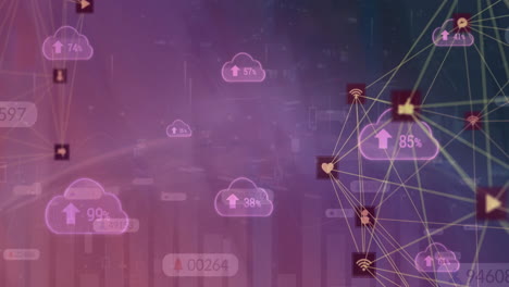 Animation-of-data-processing,-cloud-icons-over-network-of-connections