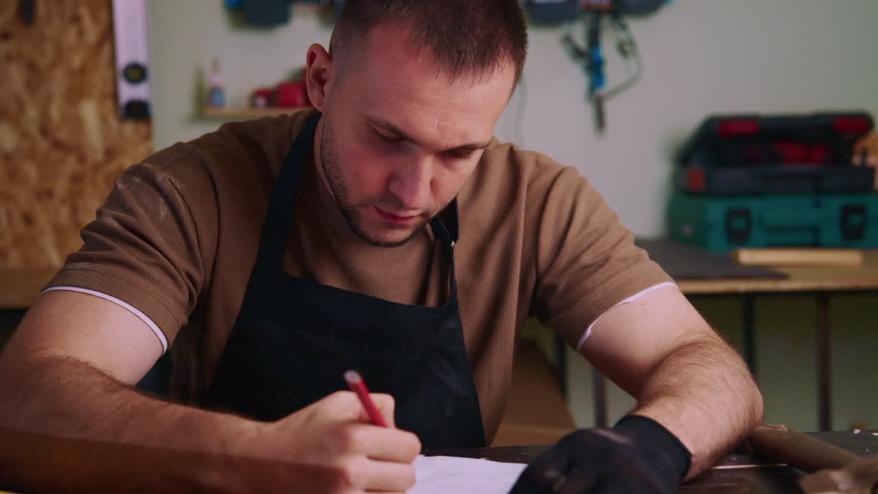 Artigiano concentrato che disegna uno schizzo di design in officina