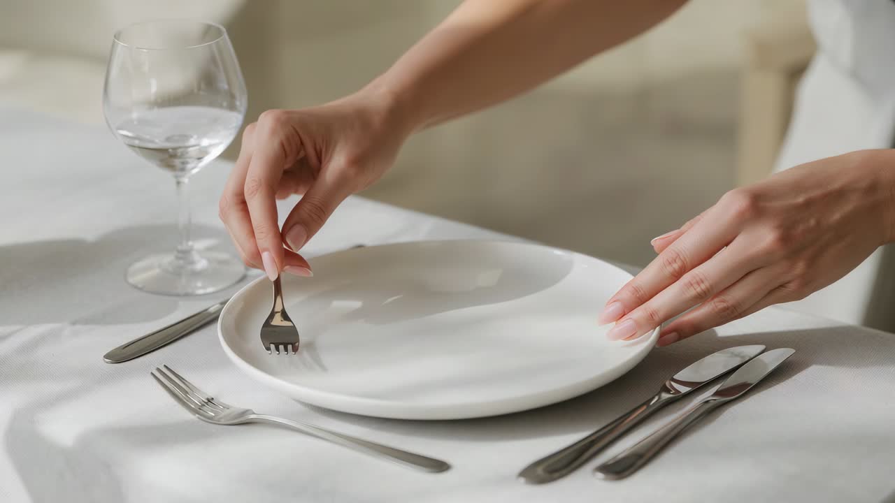 Preparing woman's white-sleeved hands steadying plate at table, placing small fork by wine glass