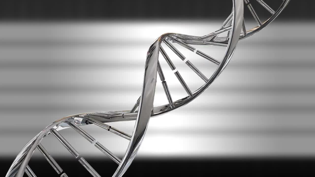 video de la cadena de adn girando con espacio de copia en fondo gris