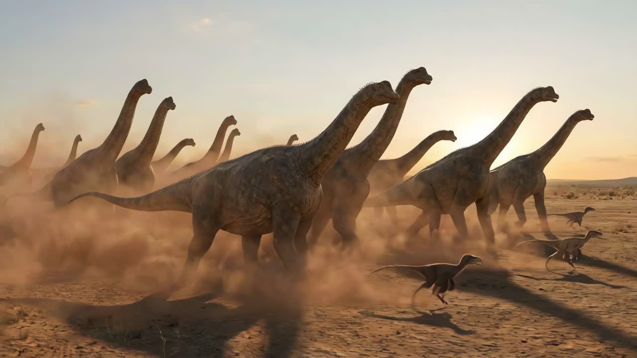 dinosaur-herd-migration-across-the-desert-premium-stock-video-footage