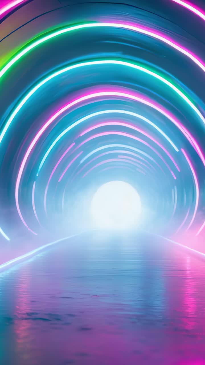 Vertical video: Hovering camera advancing through neon tunnel, neon rings reflecting wet floor