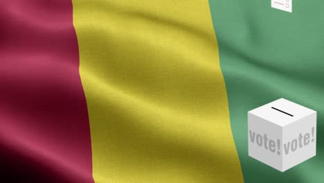 ballots fly to box for guinea selection - ballot box in front of flag - election - vote - flag of guinea - guinea flag high detail - national flag guinea wave pattern loopable elements - fabric texture and endless loop