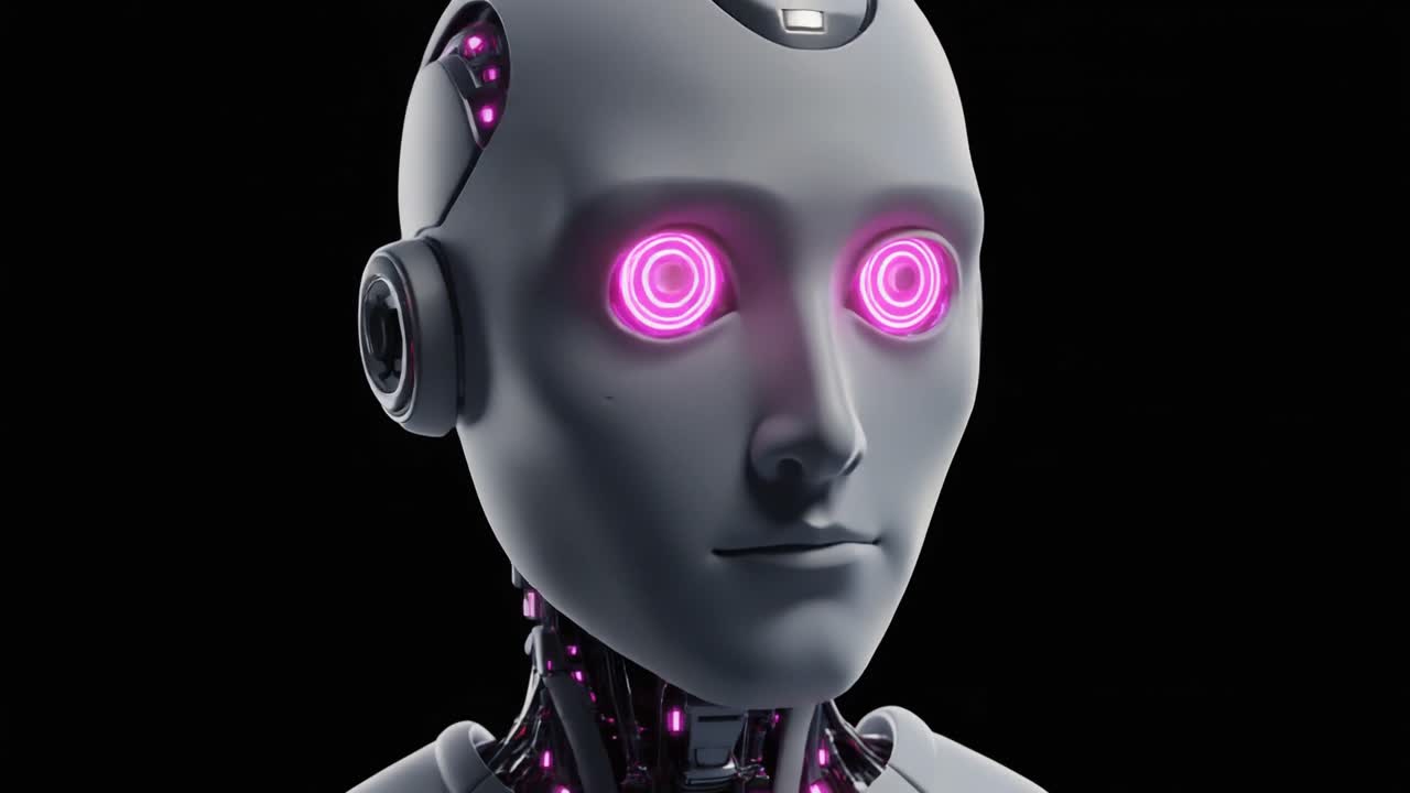 Parlayan Pembe Gözlü İnsansı Robot Yüzünün Yakın Çekimi