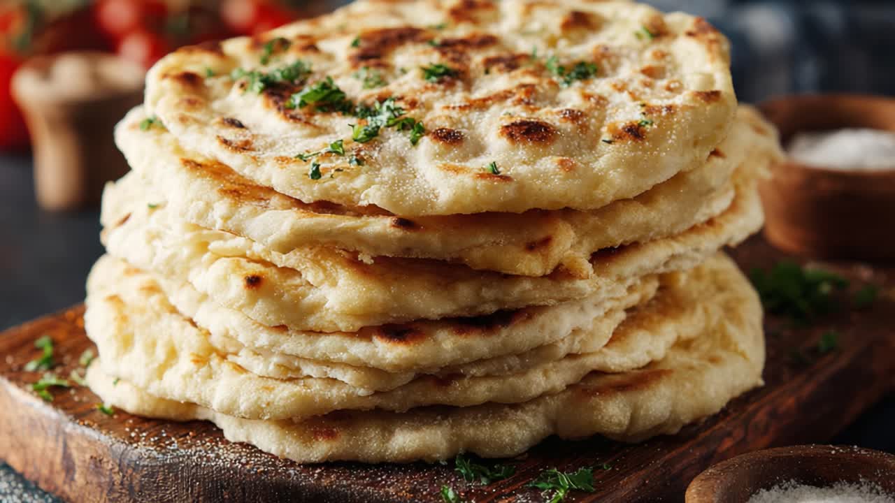 Deliciously Golden Brown Flatbreads Stacked High on a Rustic Wooden Board with Garnish, Perfect for Sharing or Enjoying Solo with Dips or Curries