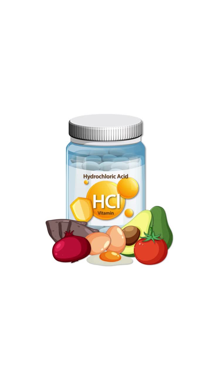 Flacone di vitamine con etichetta di acido cloridrico, alimenti sani lo circondano, sfondo bianco pulito.