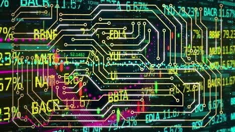 animación del procesamiento de datos financieros a través de una placa de circuitos