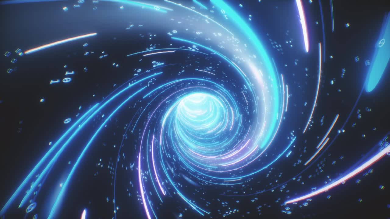 디지털 터널에서 매 없는 루프로 날아다니며 네온 광선으로 미래의 배경