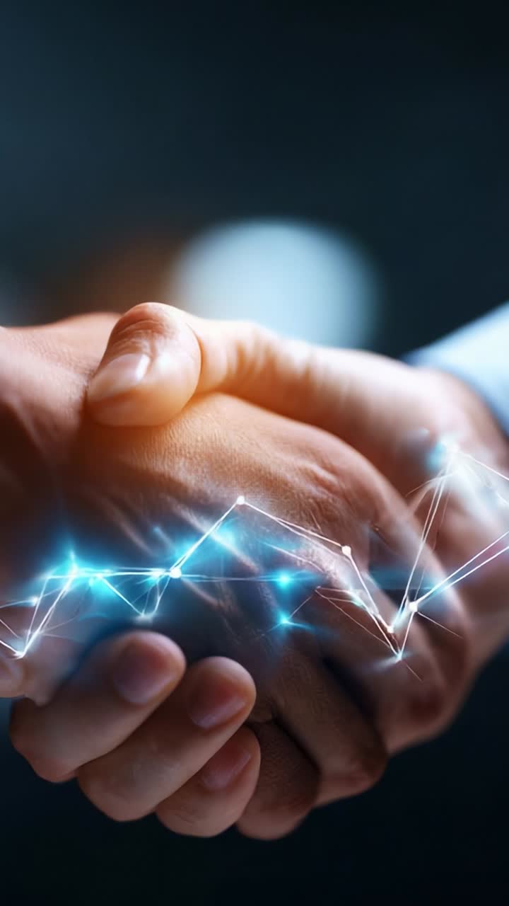 Handshaking as a Symbol of Agreement and Partnership in a Modern Business Context with a Futuristic Touch Represented by Glowing Connections