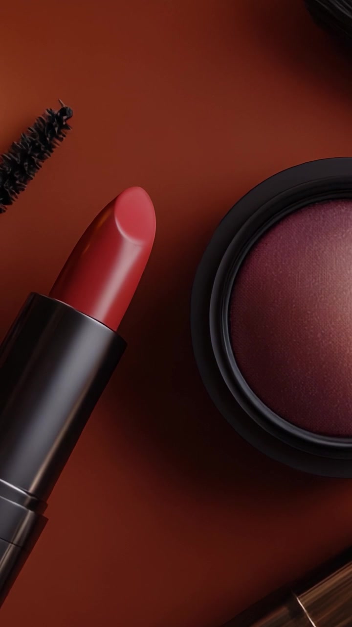 A Close-Up View of Luxurious Makeup Products Featuring Bold Lipstick and Rich Blush on a Warm Background Perfect for Beauty Enthusiasts and Makeup Lovers
