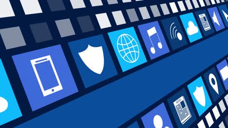 animación de iconos digitales en línea y rayas azules que se mueven sobre un fondo azul oscuro
