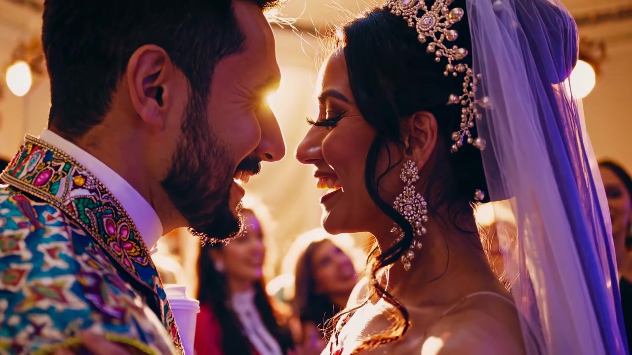 Lykkeligt nygift par danser til traditionel indisk bryllupsreception