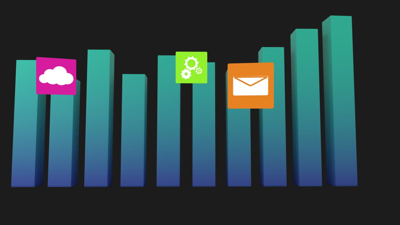 animación de múltiples iconos digitales sobre el procesamiento de datos estadísticos contra un fondo negro