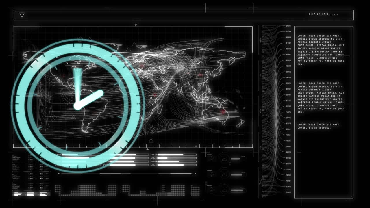 검은 바탕에 시계와 데이터 처리의 애니메이션