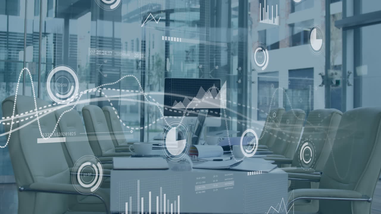 사무실 인테리어 위에 아이콘으로 연결된 네트워크의 애니메이션