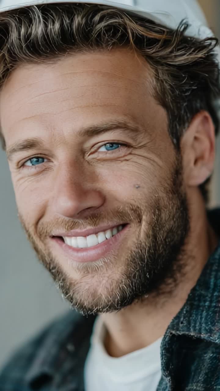A close-up look at a smiling man with a charming expression, showcasing his bright blue eyes and well-groomed beard, reflecting warmth and approachability