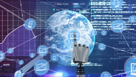 Animation-of-globe-with-robot's-hand,-data-processing-and-network-of-connections