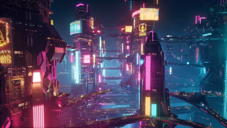 vibrant neon-lit cyberpunk cityscape at night